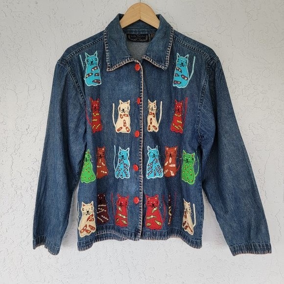 Vintage Jackets & Blazers - Vintage Life Style Denim Jacket  Embroidered Cats Long Sleeve Womans PM